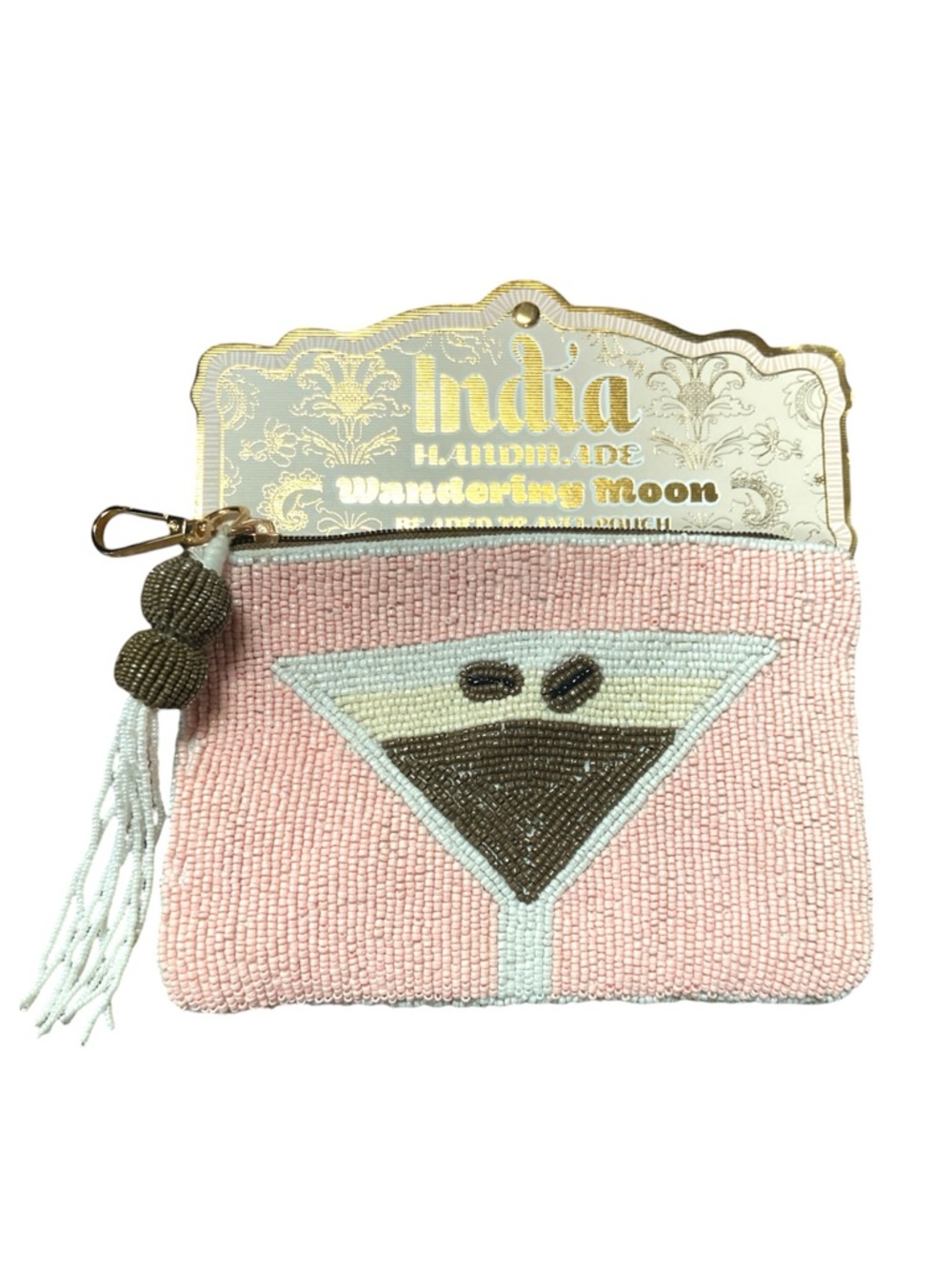 Pink Beaded Travel Pouch Makeup Bag Espresso Martini Tassel Handmade 7.75 x 5 in